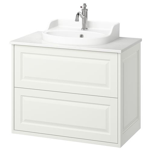TÄNNFORSEN/TOLKEN/RUTSJÖN lavabo dolabı kombinasyonu, beyaz-beyaz mermer görünüm, 82x49x76 cm, HAMNSKAR batarya