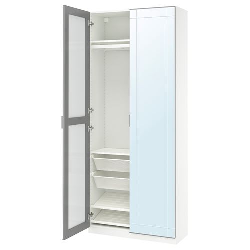 PAX/KAMMARTORP PAX gardırop, beyaz-aynalı cam-gri, 100x38x236 cm