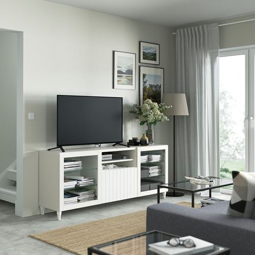 BESTÅ tv sehpası, beyaz-şeffaf cam, 180x42x74 cm, SUTTERVIKEN/SINDVIK, çıt çıt raylı
