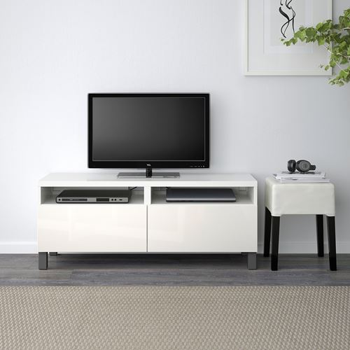 BESTÅ tv sehpası, beyaz, 120x42x48 cm, SELSVIKEN, STUBBARP, fren raylı