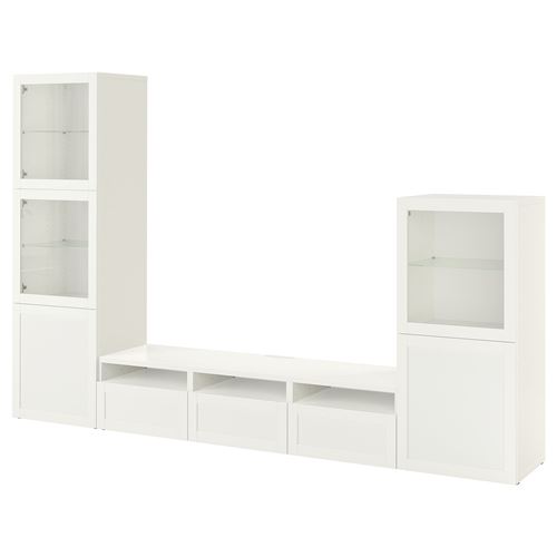 BESTÅ tv ünitesi, beyaz-şeffaf cam, 300x42x193 cm, HANVIKEN/SINDVIK, çıt çıt raylı