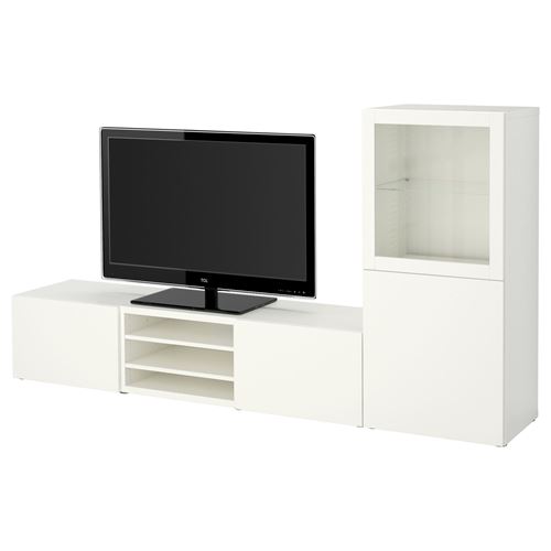 BESTÅ tv ünitesi, beyaz-şeffaf cam, 240x42x129 cm, LAPPVIKEN/SINDVIK, fren raylı