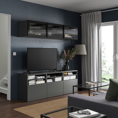 BESTÅ tv ünitesi, koyu gri, 180x42x192 cm, LAPPVIKEN/FÄLLSVIK, çıt çıt raylı