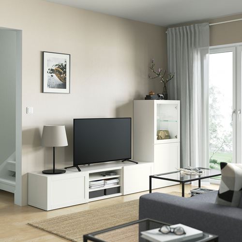 BESTÅ tv ünitesi, beyaz-şeffaf cam, 240x42x129 cm, HANVIKEN/SINDVIK, çıt çıt raylı