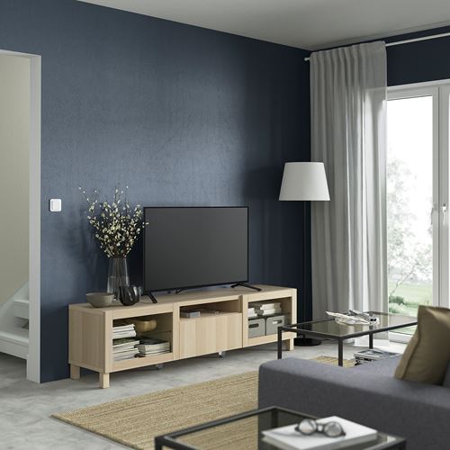 BESTÅ tv sehpası, ağartılmış meşe görünümlü-beyaz meşe görünümlü-şeffaf cam, 180x42x48 cm, LAPPVIKEN/SINDVIK, çıt çıt raylı