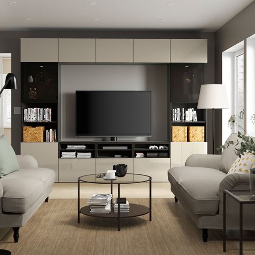 BESTÅ tv ünitesi, venge-parlak cila-bej-füme cam, 300x42x231 cm, SELSVIKEN/GLASSVIK, fren raylı