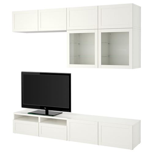 BESTÅ tv ünitesi, beyaz-şeffaf cam, 240x42x231 cm, HANVIKEN/SINDVIK, fren raylı