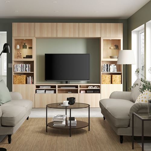 BESTÅ tv ünitesi, ağartılmış meşe görünümlü-beyaz meşe görünümlü-şeffaf cam, 300x42x231 cm, LAPPVIKEN/SINDVIK, çıt çıt raylı