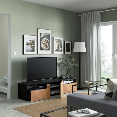 BESTÅ tv sehpası, venge-meşe kaplama, 180x42x39 cm, HEDEVIKEN, çıt çıt raylı