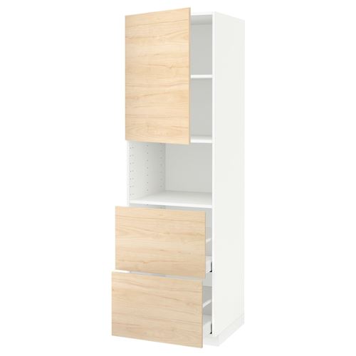 METOD/MAXIMERA mikrodalga fırın boy dolabı, ASKERSUND açık dişbudak görünümlü, 60x60x200 cm, 1 kapaklı, 2 çekmeceli ve 2 raflı
