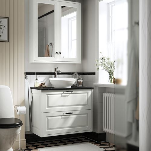TÄNNFORSEN/TOLKEN/VÄSTERSJÖN lavabo dolabı kombinasyonu, beyaz-siyah mermer görünüm, 82x49x79 cm, VOXNAN batarya