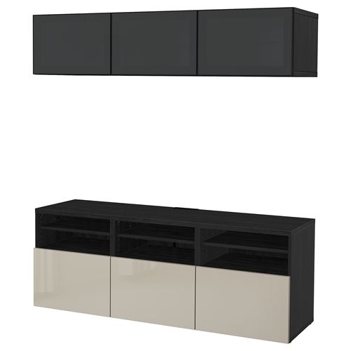 BESTÅ tv ünitesi, venge-parlak cila-bej-füme cam, 180x42x192 cm, SELSVIKEN/GLASSVIK, çıt çıt raylı