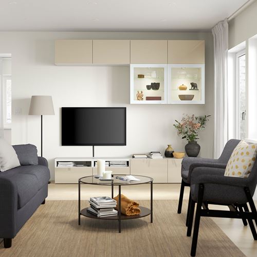 BESTÅ tv ünitesi, beyaz-parlak cila-bej, 240x42x231 cm, SELSVIKEN/GLASSVIK, çıt çıt raylı