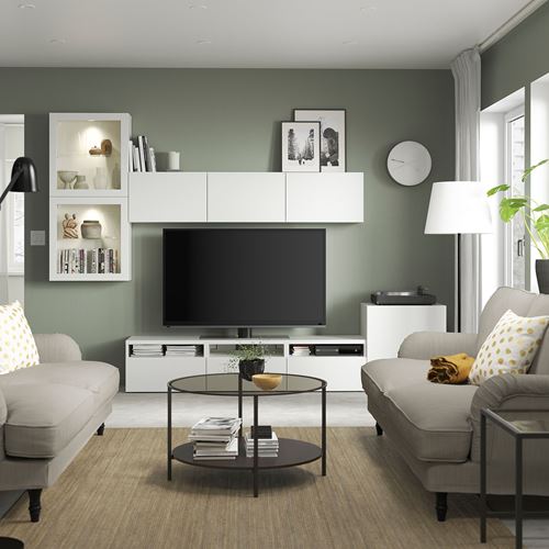 BESTÅ tv ünitesi, beyaz-şeffaf cam, 300x42x211 cm, LAPPVIKEN/SINDVIK, çıt çıt raylı