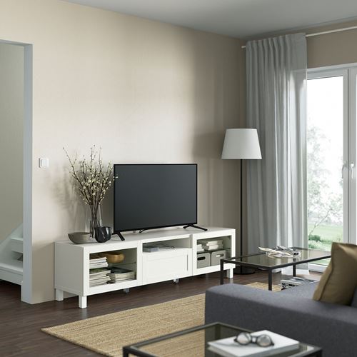 BESTÅ tv sehpası, beyaz-şeffaf cam, 180x42x48 cm, HANVIKEN/SINDVIK, fren raylı