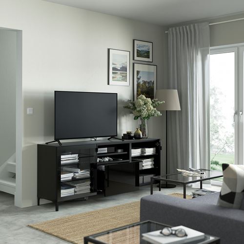BESTÅ tv sehpası, venge-siyah, 180x42x74 cm, SELSVIKEN/GLASSVIK, fren raylı