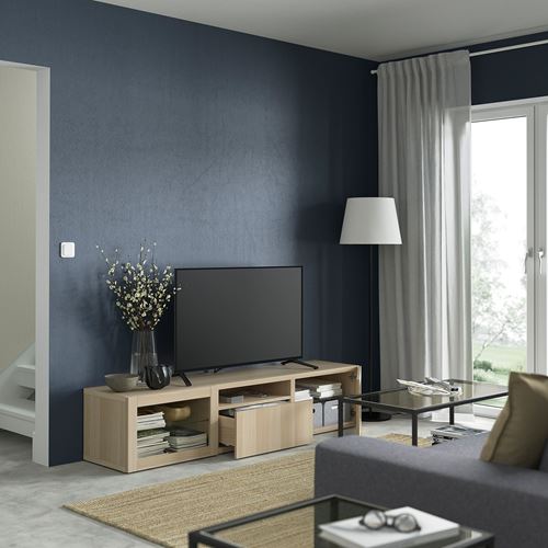 BESTÅ tv sehpası, ağartılmış meşe görünümlü-beyaz meşe görünümlü-şeffaf cam, 180x42x39 cm, LAPPVIKEN/SINDVIK, çıt çıt raylı