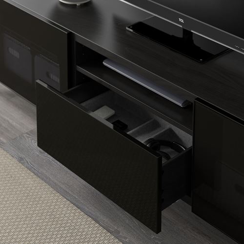 BESTÅ tv sehpası, venge-parlak cila-siyah-füme cam, 180x42x48 cm, SELSVIKEN/GLASSVIK, NANNARP