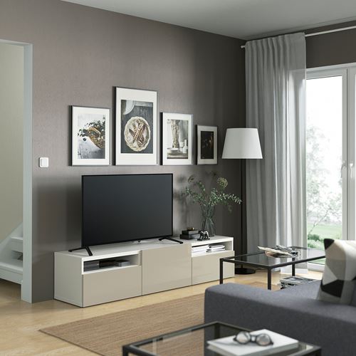 BESTÅ tv sehpası, beyaz-parlak cila-bej, 180x42x39 cm, SELSVIKEN, çıt çıt raylı