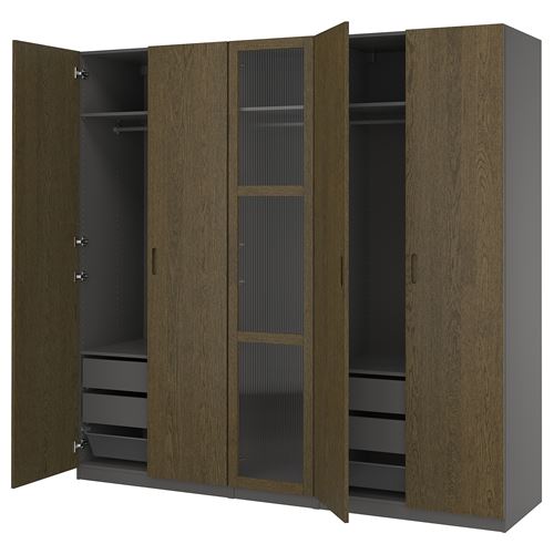 PAX/TONSTAD PAX gardırop, koyu gri kahverengi-meşe kaplama cam, 250x60x236 cm
